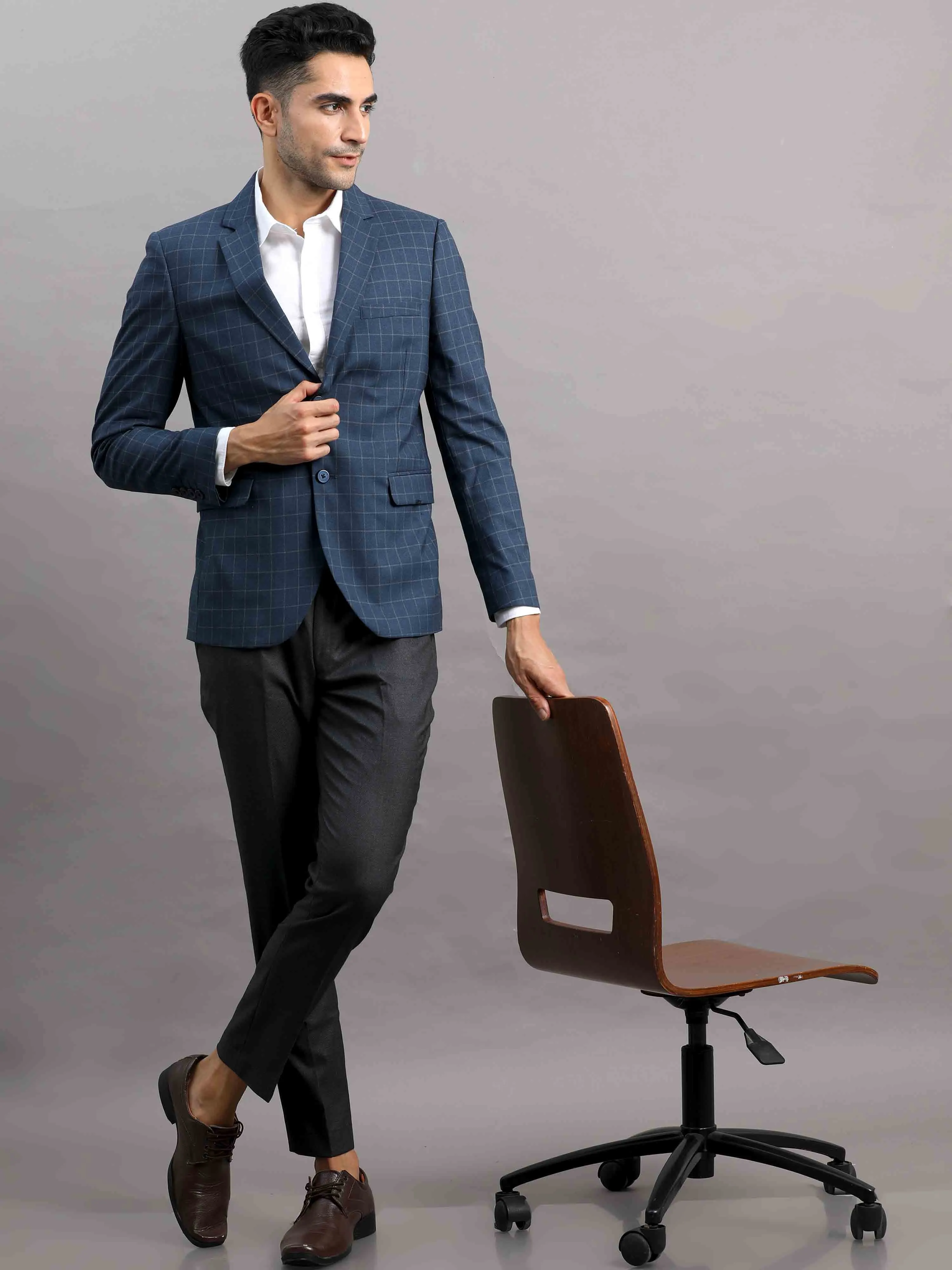 Men's Navy Slim Fit Cotton Blend Full Sleeve Checks Casual Blazer