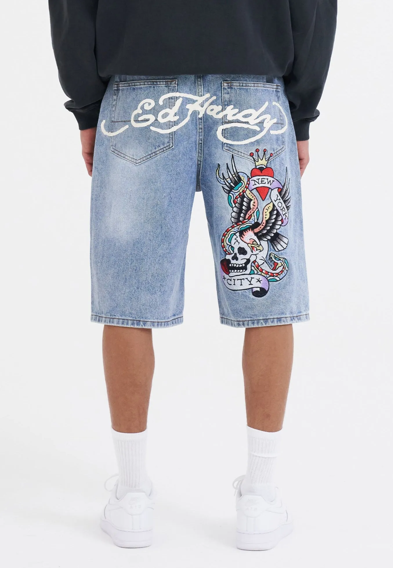 Mens Nyc Skull Denim Jorts Shorts - Bleach