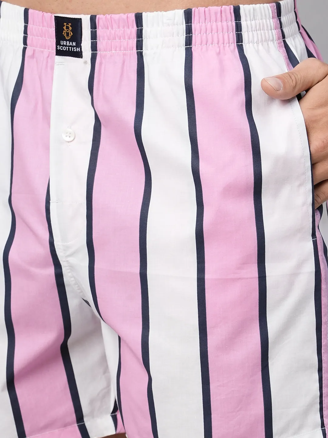Men's Pink & White, 100% Cotton, Printed, Regular Fit, Inner Elastic, Mid-Rise, Boxers