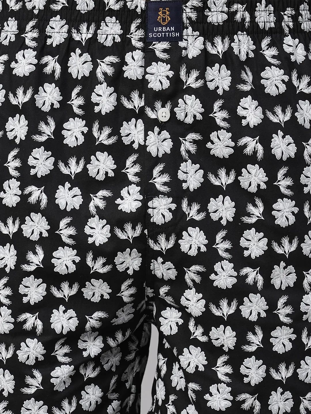Men's White & Black, 100% Cotton, Printed, Regular Fit, Inner Elastic, Mid-Rise, Boxers