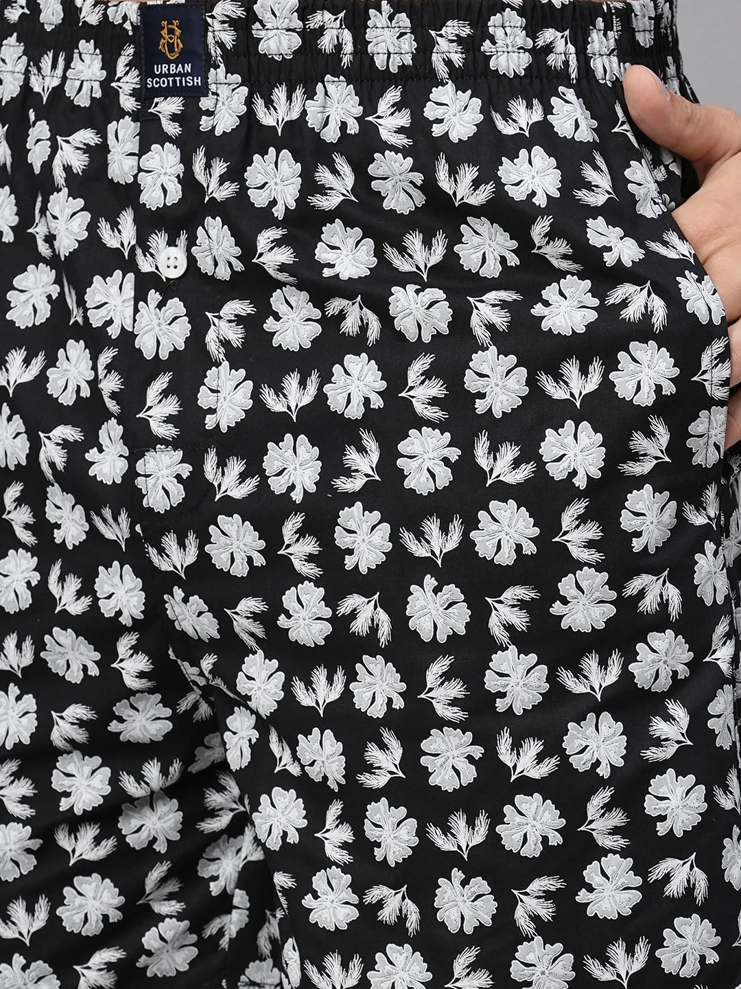 Men's White & Black, 100% Cotton, Printed, Regular Fit, Inner Elastic, Mid-Rise, Boxers