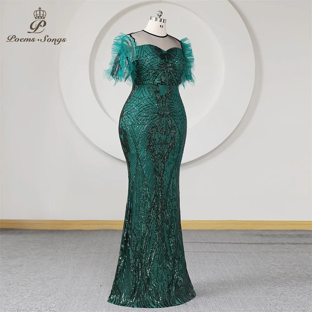 Mermaid Plus Size Formal Evening Dress With Half Sleeves Green Sequins Transparent Neck