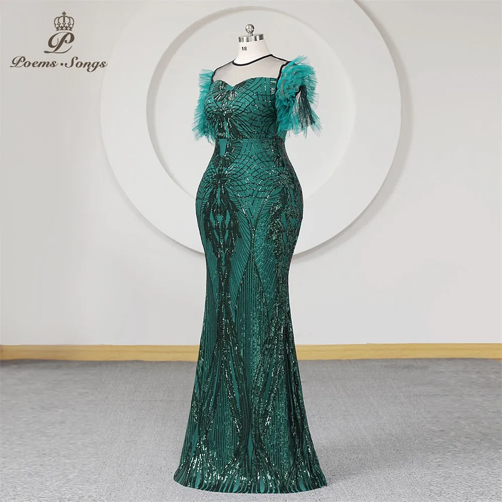 Mermaid Plus Size Formal Evening Dress With Half Sleeves Green Sequins Transparent Neck
