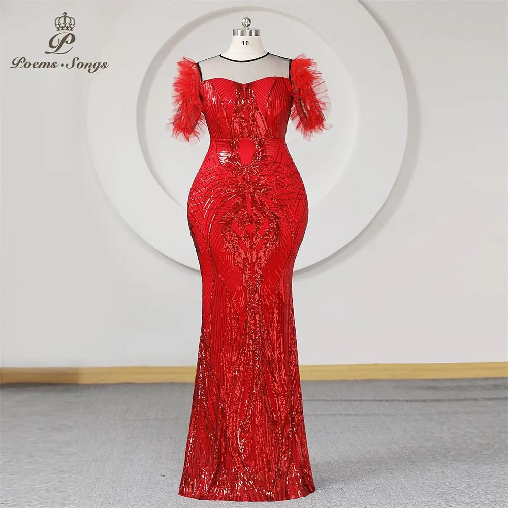 Mermaid Plus Size Formal Evening Dress With Half Sleeves Green Sequins Transparent Neck