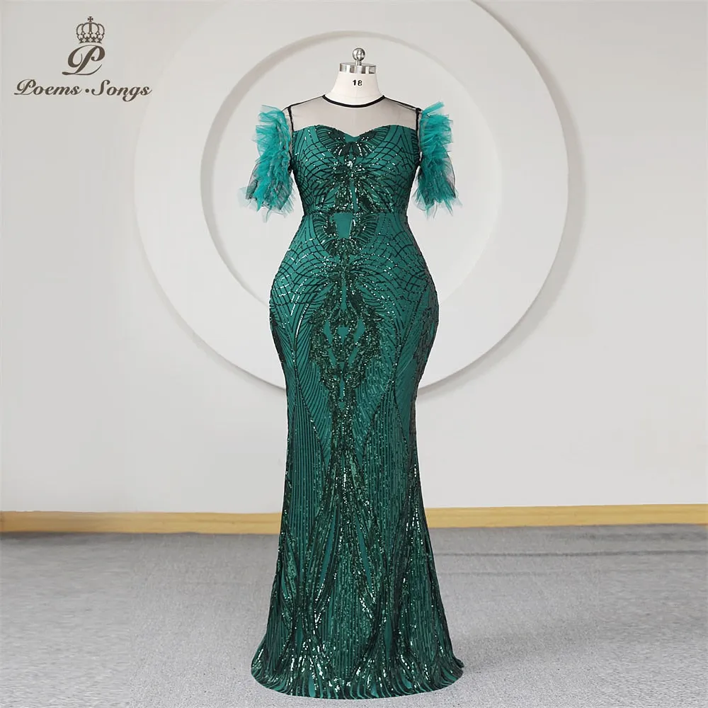 Mermaid Plus Size Formal Evening Dress With Half Sleeves Green Sequins Transparent Neck