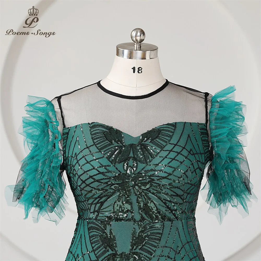 Mermaid Plus Size Formal Evening Dress With Half Sleeves Green Sequins Transparent Neck