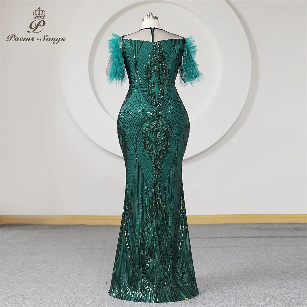 Mermaid Plus Size Formal Evening Dress With Half Sleeves Green Sequins Transparent Neck