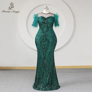 Mermaid Plus Size Formal Evening Dress With Half Sleeves Green Sequins Transparent Neck