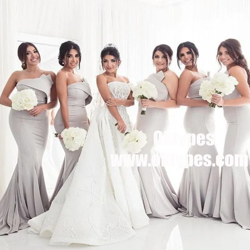 Mermaid Strapless Sweep Train Grey Satin Bridesmaid Dresses, TYP0932