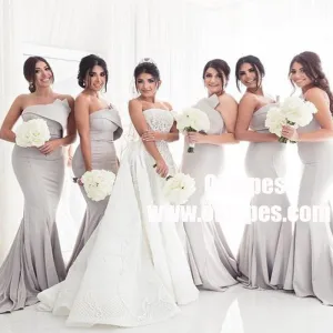 Mermaid Strapless Sweep Train Grey Satin Bridesmaid Dresses, TYP0932