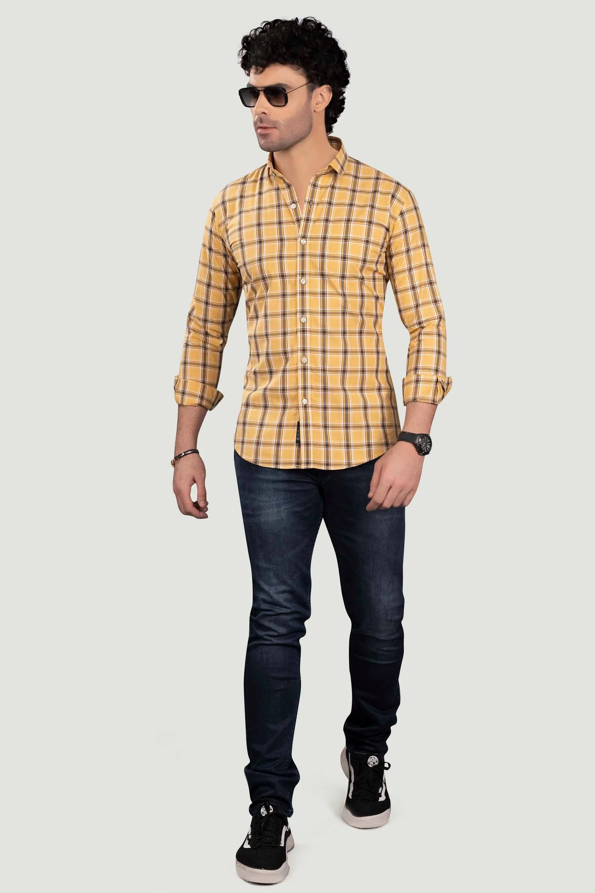 Michail Yellow Cotton Check Shirt