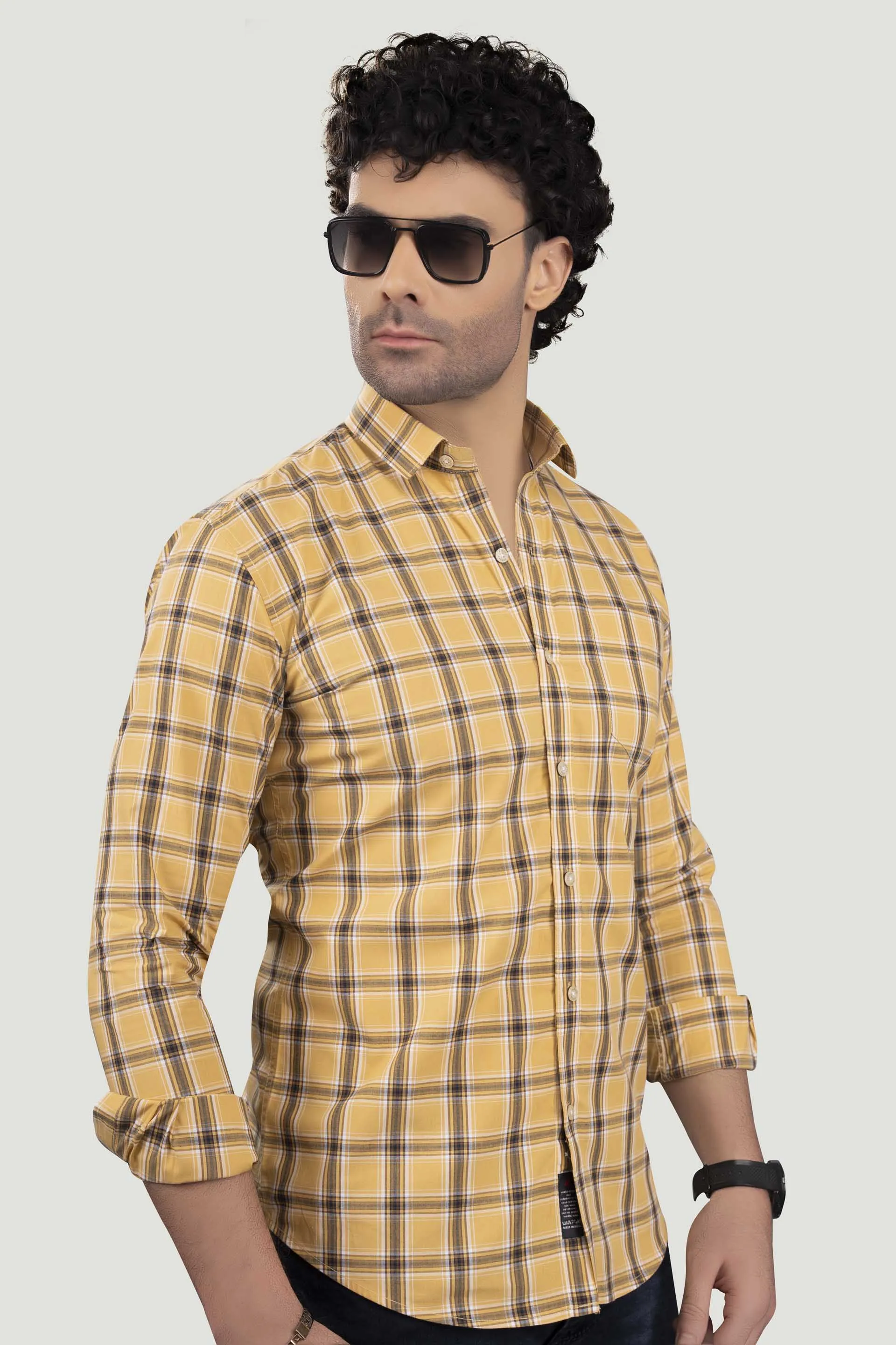 Michail Yellow Cotton Check Shirt