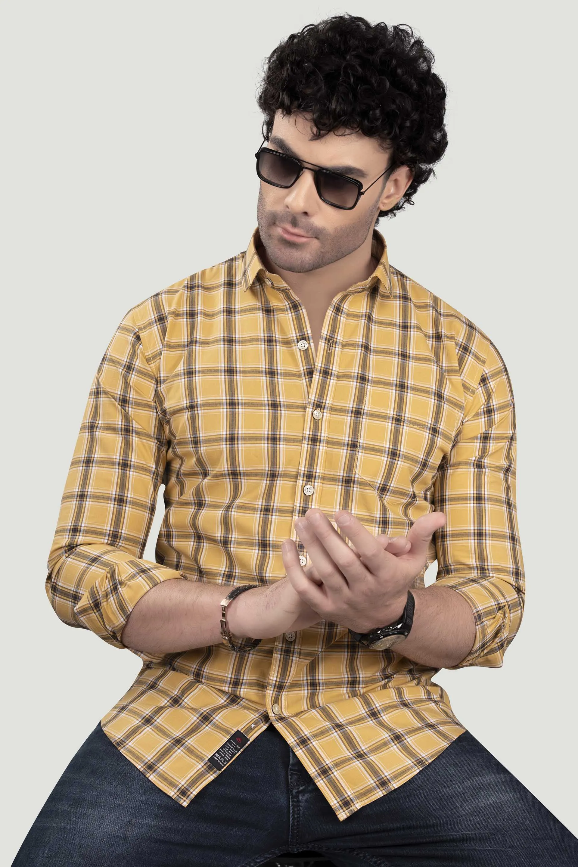 Michail Yellow Cotton Check Shirt
