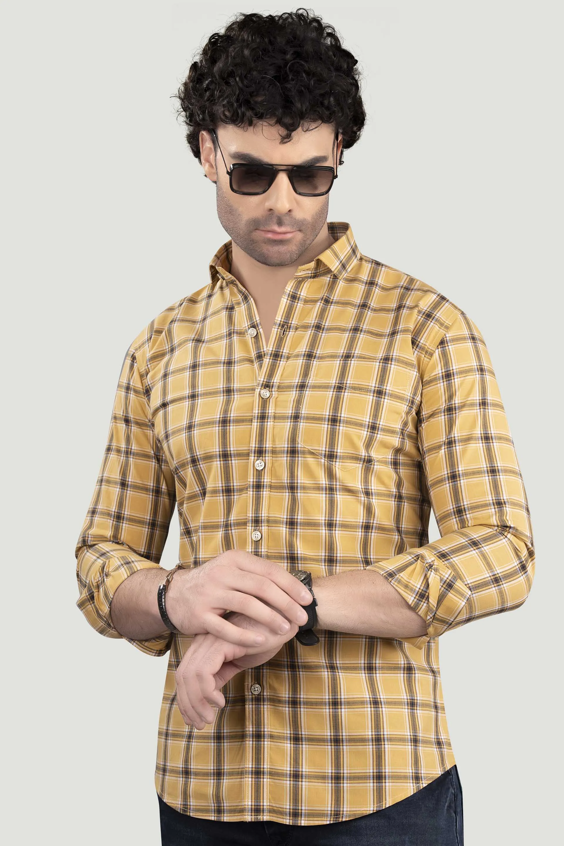 Michail Yellow Cotton Check Shirt