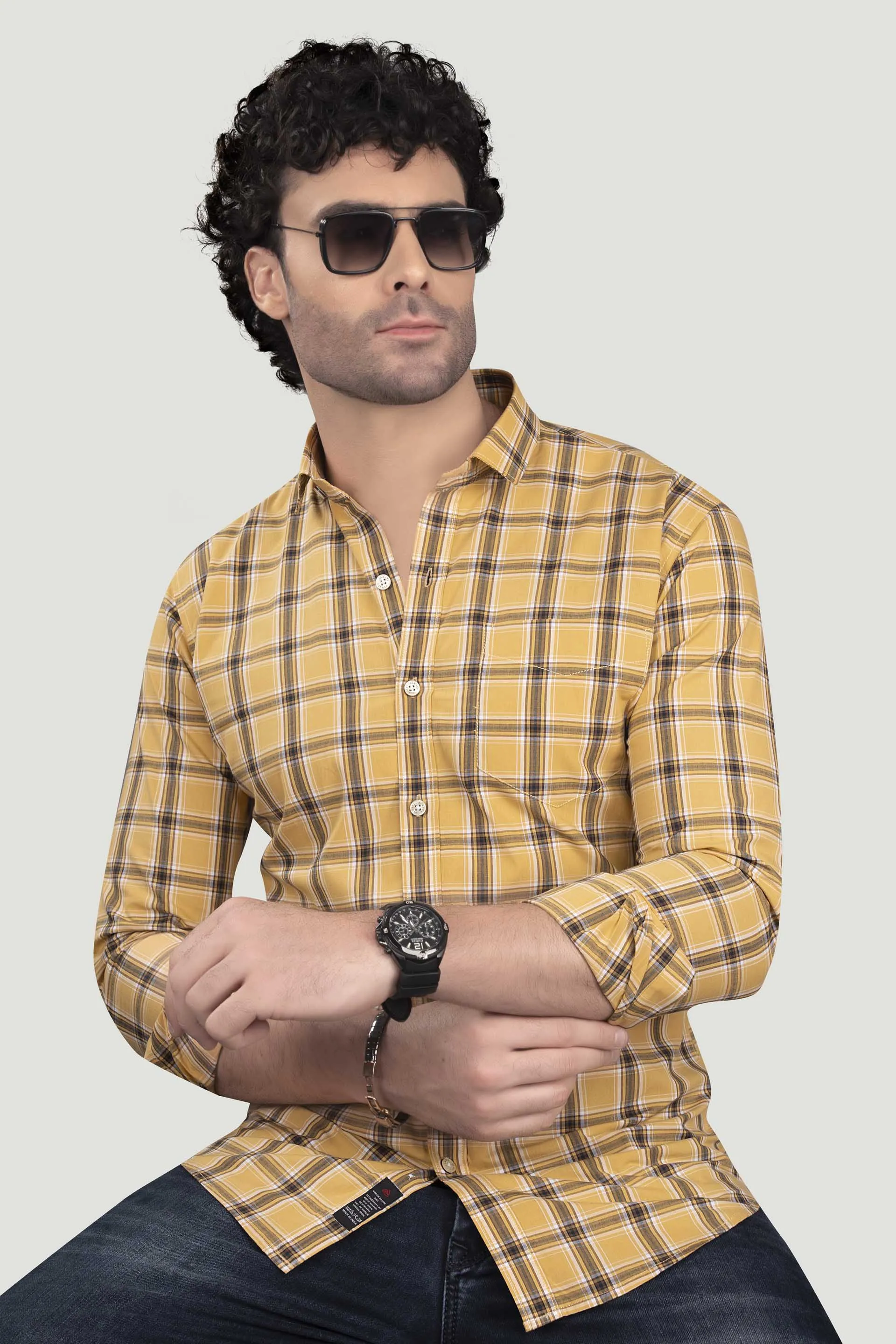 Michail Yellow Cotton Check Shirt