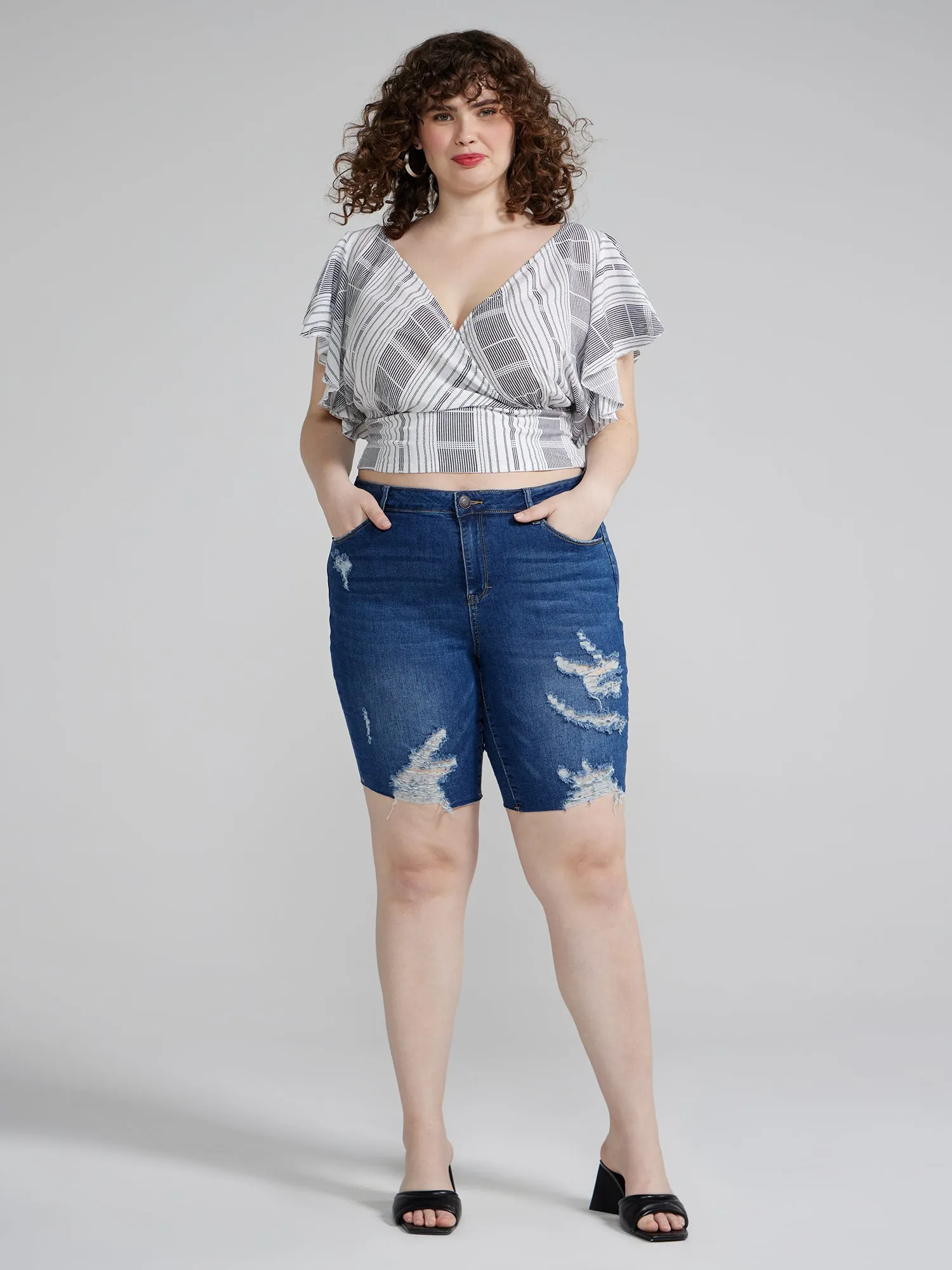 Mid Rise Destructed Bermuda Shorts