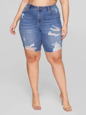 Mid Rise Destructed Bermuda Shorts
