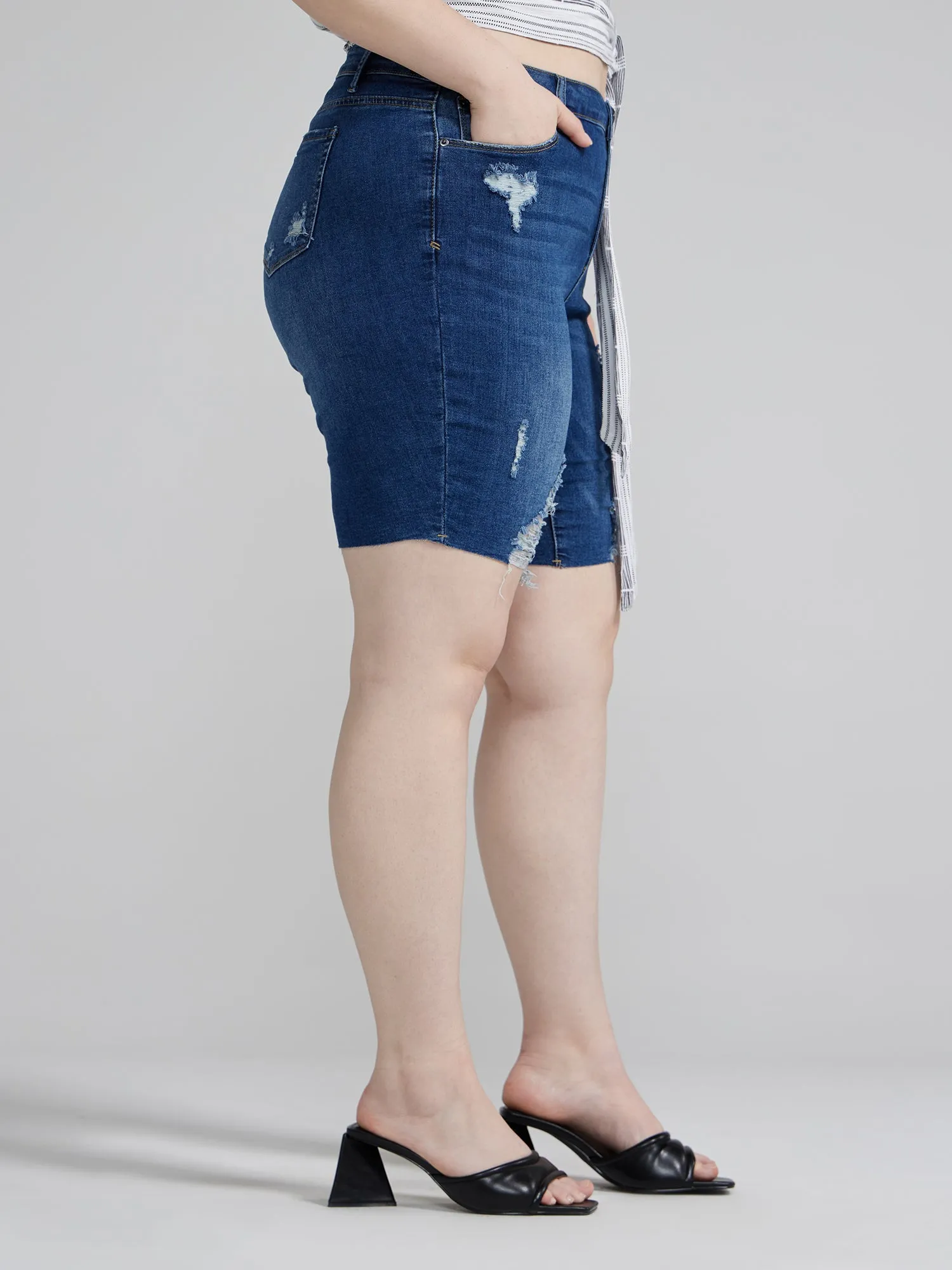 Mid Rise Destructed Bermuda Shorts
