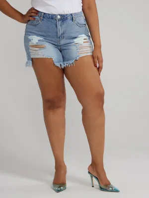 Mid Rise Destructed Denim Cutoff Shorts