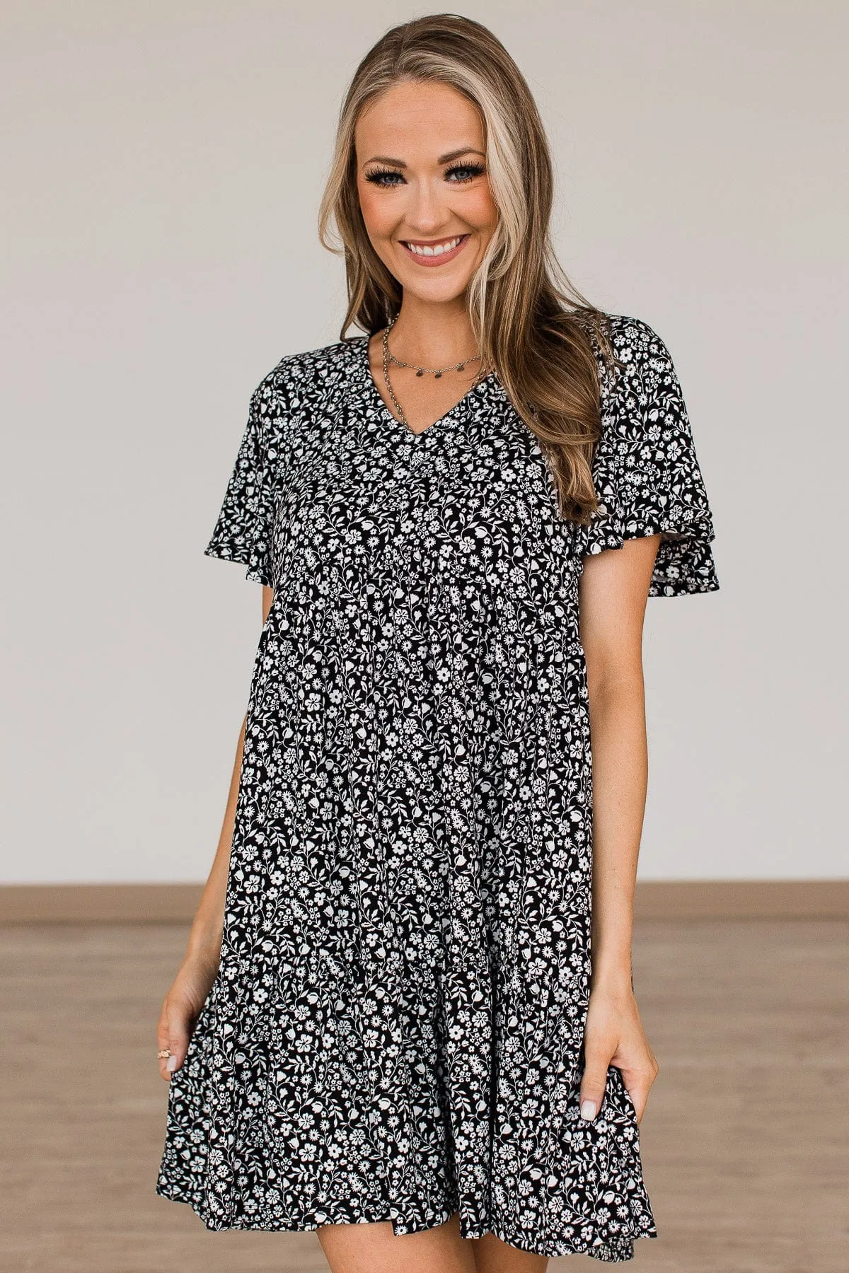 Midnight Memories Floral Tiered Dress- Black