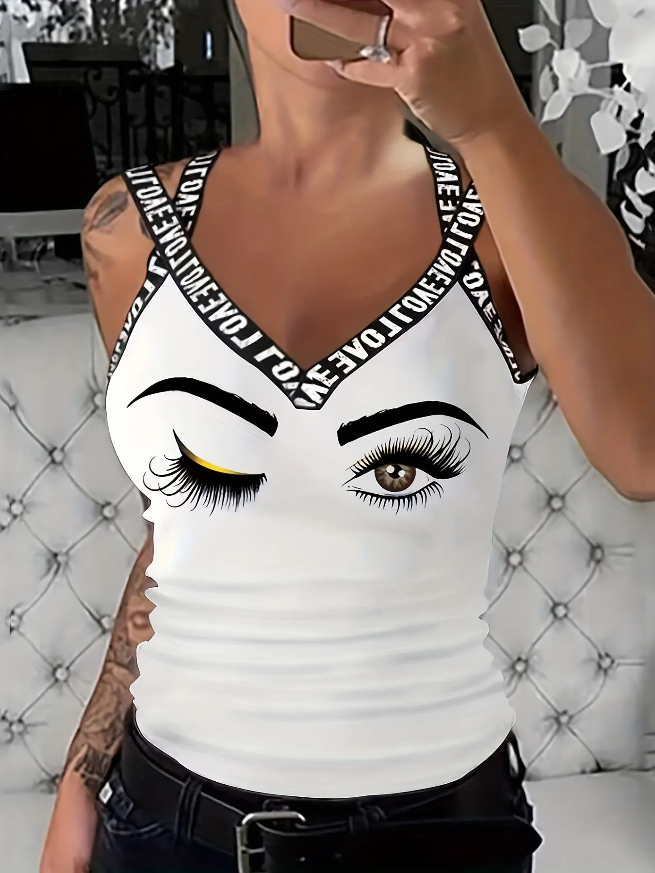 Mila - Mouwloze Tanktop Met Lettertape en Schedelprint, Casual Dameskleding