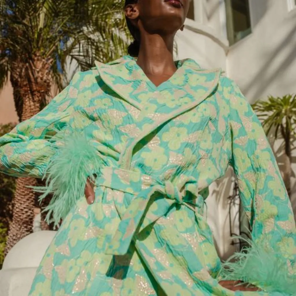 Mint Coat with Detachable Feathers Cuffs