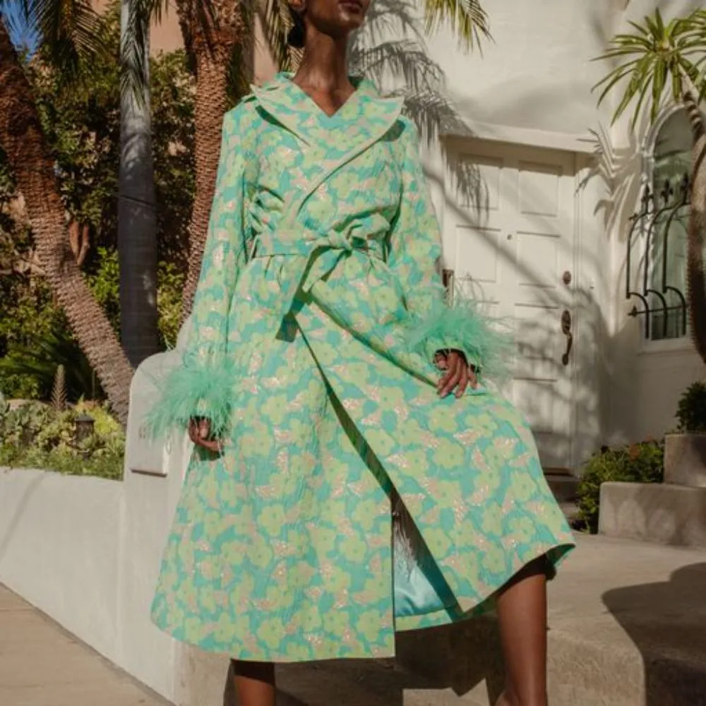 Mint Coat with Detachable Feathers Cuffs