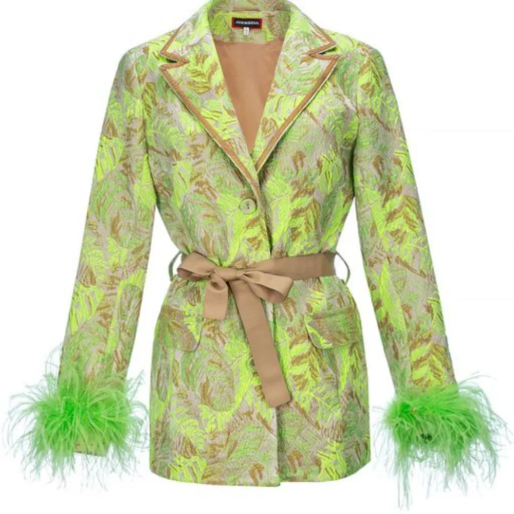 Mint Jacket With Detachable Feather Cuffs