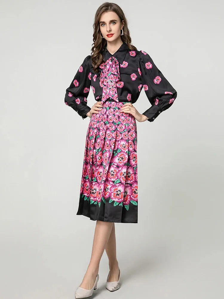 Myra Lace-up  Lantern Sleeve Single Breasted Shirt   Skirt Floral Print Vintage 2-piece set
