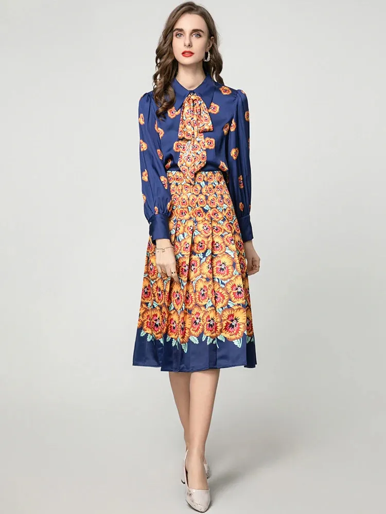 Myra Lace-up  Lantern Sleeve Single Breasted Shirt   Skirt Floral Print Vintage 2-piece set