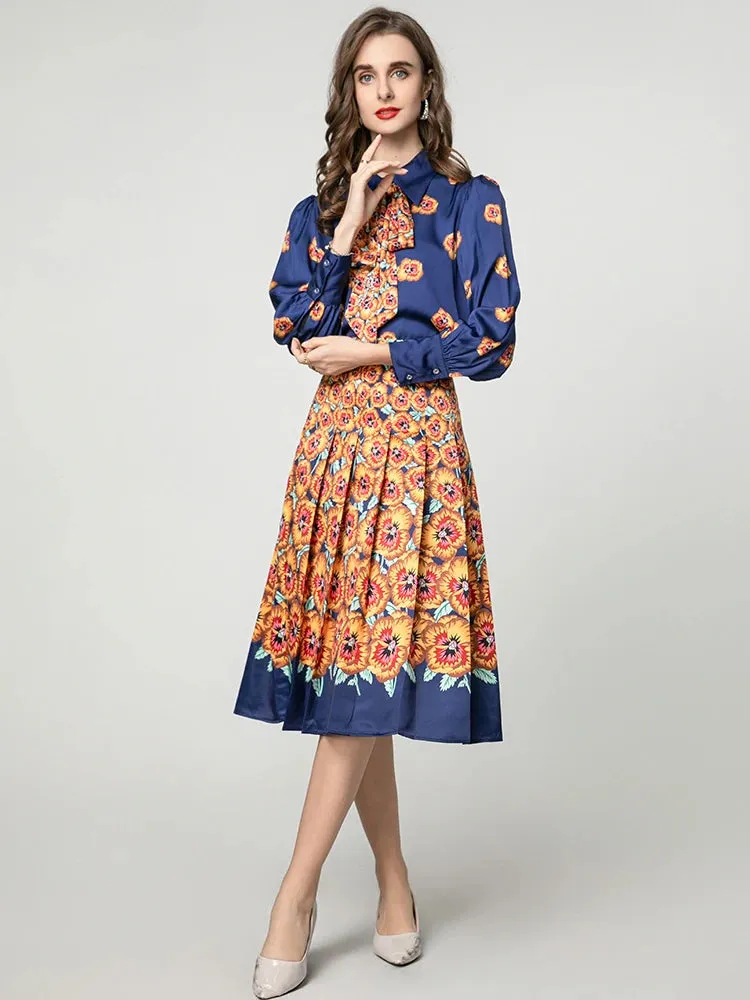 Myra Lace-up  Lantern Sleeve Single Breasted Shirt   Skirt Floral Print Vintage 2-piece set