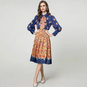 Myra Lace-up  Lantern Sleeve Single Breasted Shirt   Skirt Floral Print Vintage 2-piece set