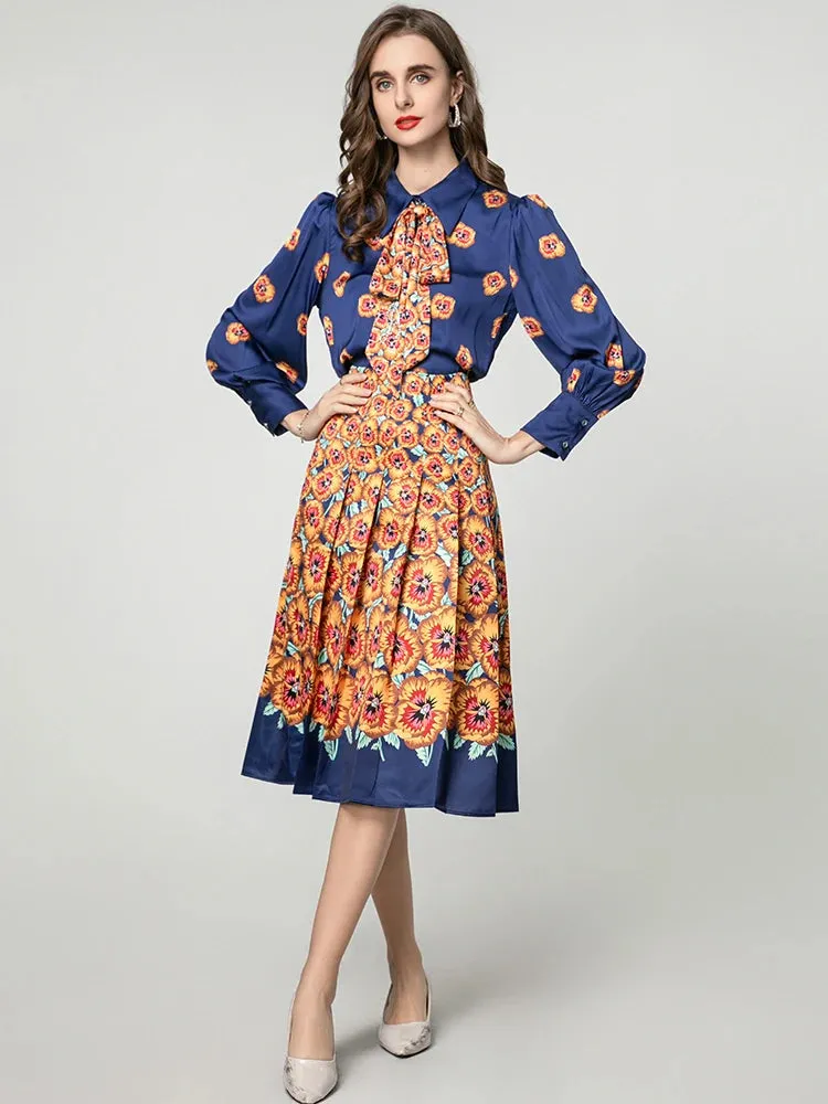 Myra Lace-up  Lantern Sleeve Single Breasted Shirt   Skirt Floral Print Vintage 2-piece set