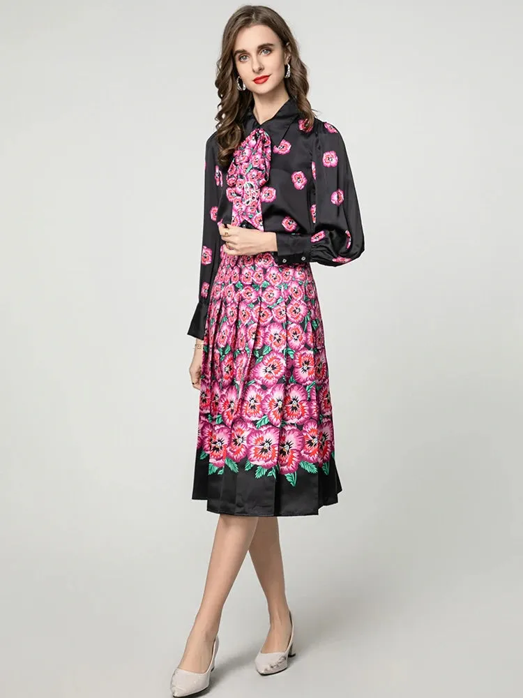 Myra Lace-up  Lantern Sleeve Single Breasted Shirt   Skirt Floral Print Vintage 2-piece set
