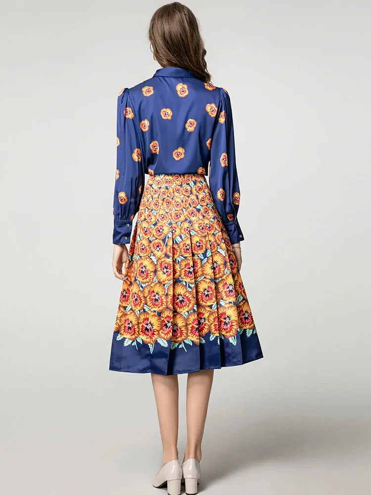 Myra Lace-up  Lantern Sleeve Single Breasted Shirt   Skirt Floral Print Vintage 2-piece set