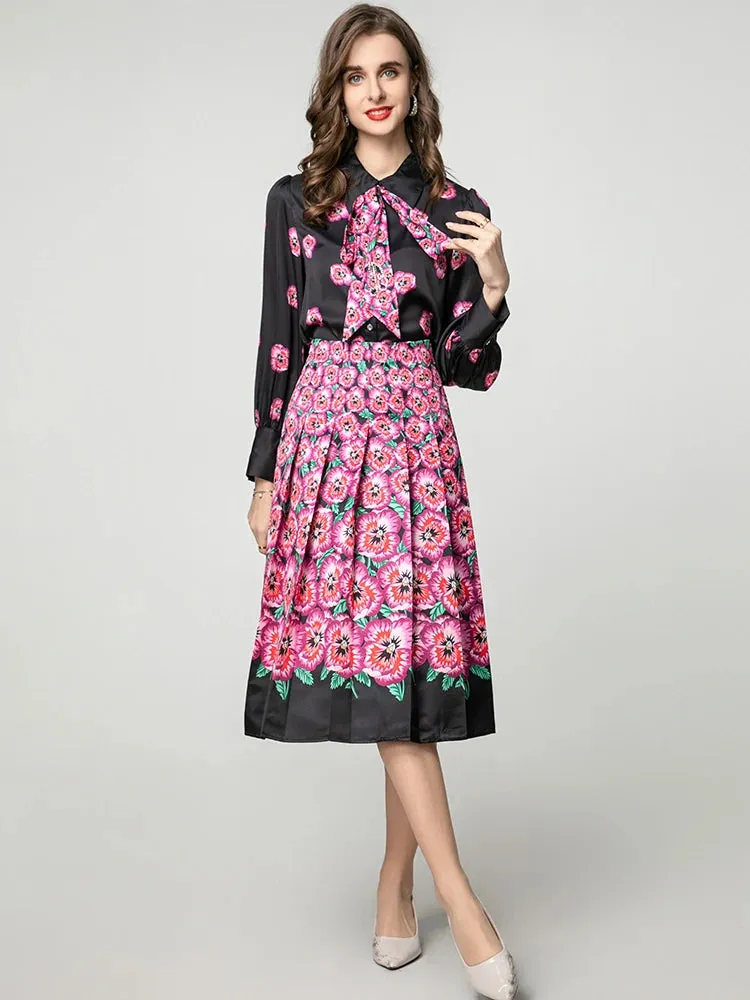 Myra Lace-up  Lantern Sleeve Single Breasted Shirt   Skirt Floral Print Vintage 2-piece set