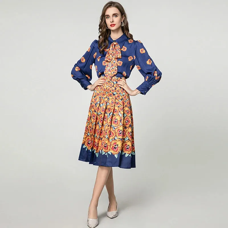 Myra Lace-up  Lantern Sleeve Single Breasted Shirt   Skirt Floral Print Vintage 2-piece set