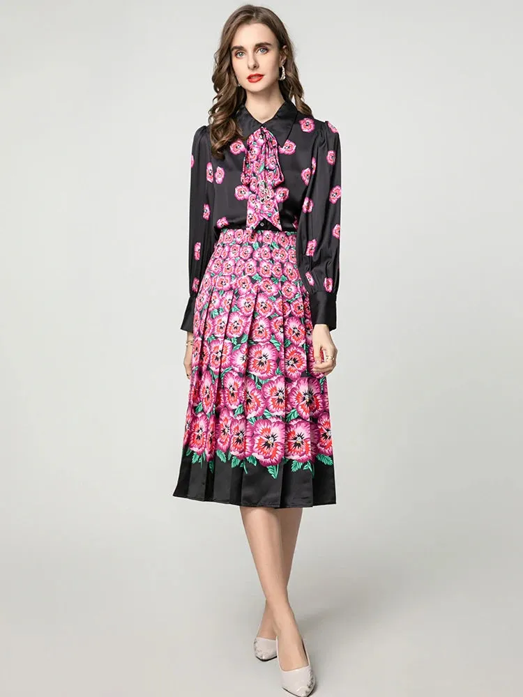 Myra Lace-up  Lantern Sleeve Single Breasted Shirt   Skirt Floral Print Vintage 2-piece set