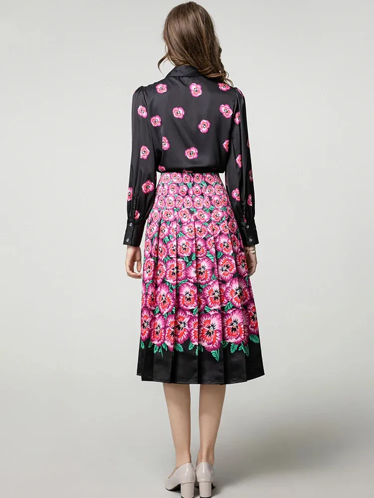 Myra Lace-up  Lantern Sleeve Single Breasted Shirt   Skirt Floral Print Vintage 2-piece set