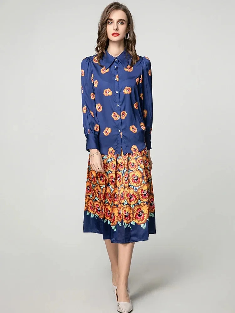 Myra Lace-up  Lantern Sleeve Single Breasted Shirt   Skirt Floral Print Vintage 2-piece set