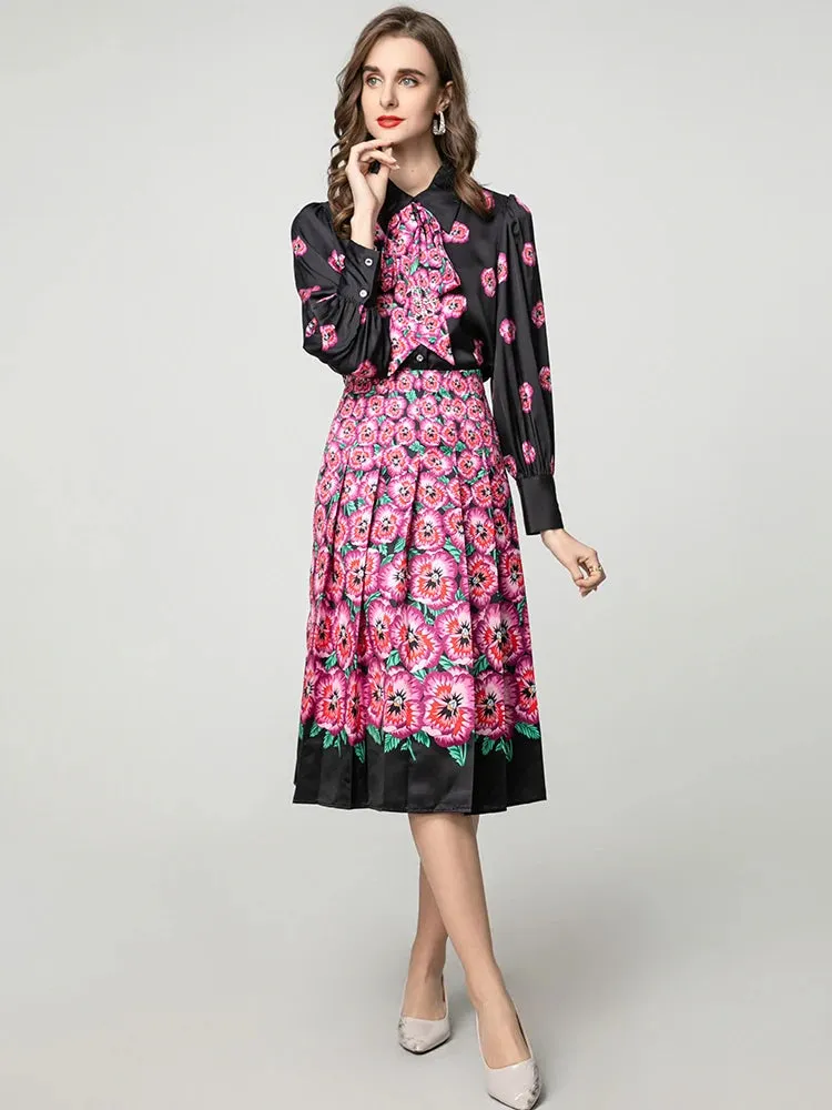 Myra Lace-up  Lantern Sleeve Single Breasted Shirt   Skirt Floral Print Vintage 2-piece set