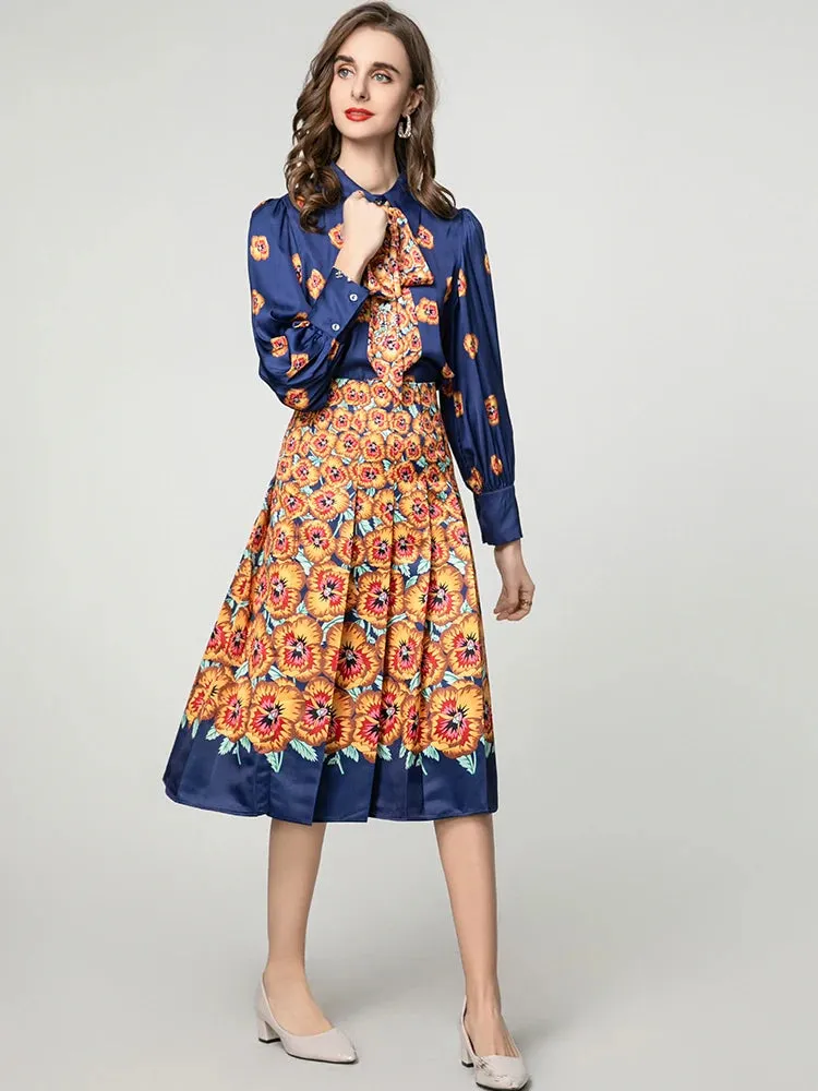 Myra Lace-up  Lantern Sleeve Single Breasted Shirt   Skirt Floral Print Vintage 2-piece set