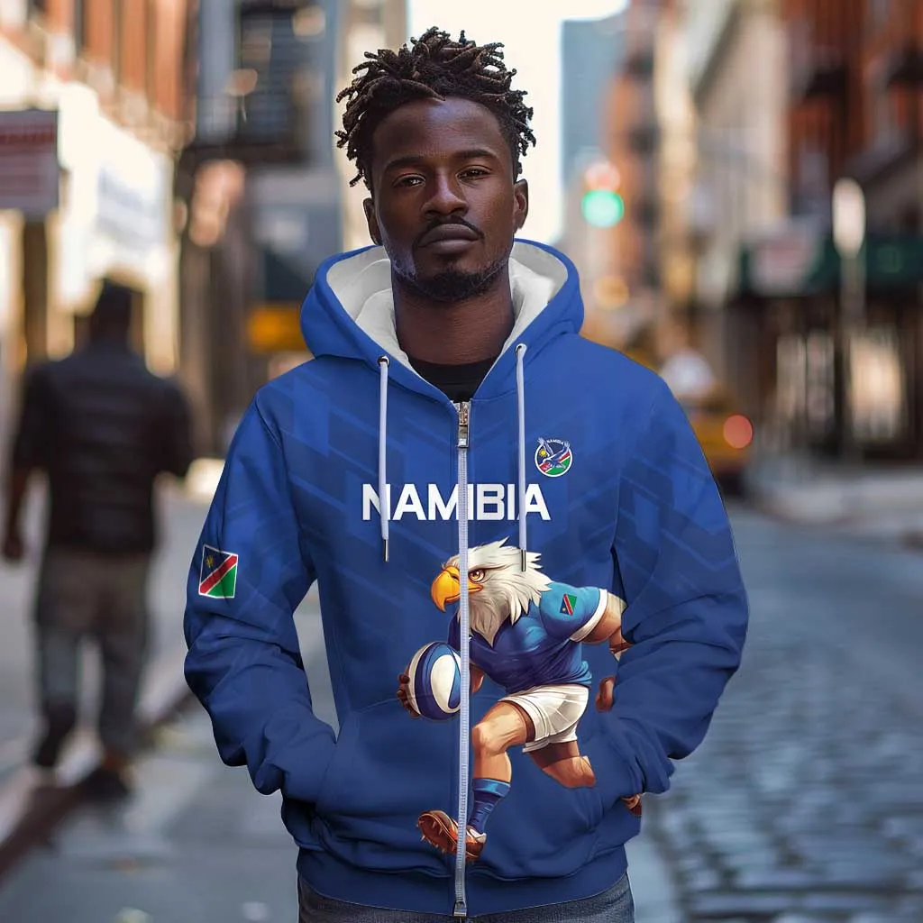 Namibia Rugby Custom Zip Hoodie Eagle Mascot - Sporty Style LT15