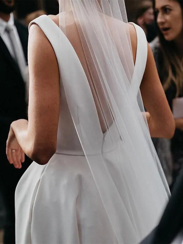 New Arrival Ivory Satin A-line V-neck Simple Wedding Dresses With Slit, SW437