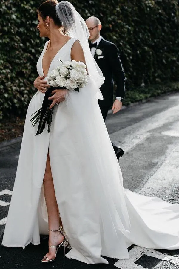 New Arrival Ivory Satin A-line V-neck Simple Wedding Dresses With Slit, SW437