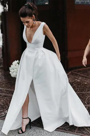New Arrival Ivory Satin A-line V-neck Simple Wedding Dresses With Slit, SW437