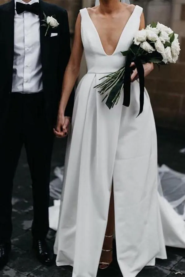 New Arrival Ivory Satin A-line V-neck Simple Wedding Dresses With Slit, SW437