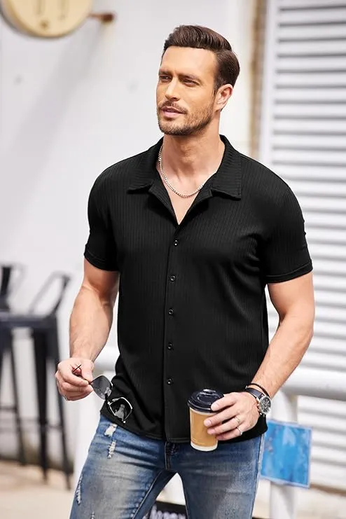 NEW COOFANDY Men Short Sleeve Button Down Shirts Camp Collar Shirts Beach Linen Textured Shirts Summer Cuban Shirts, Black, Sz L