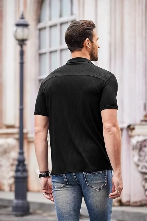 NEW COOFANDY Men Short Sleeve Button Down Shirts Camp Collar Shirts Beach Linen Textured Shirts Summer Cuban Shirts, Black, Sz L
