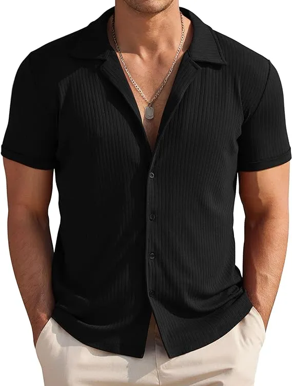 NEW COOFANDY Men Short Sleeve Button Down Shirts Camp Collar Shirts Beach Linen Textured Shirts Summer Cuban Shirts, Black, Sz L